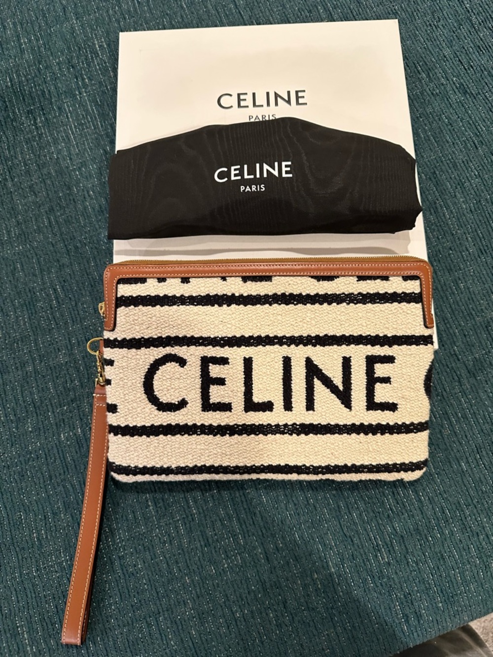 Celine Black and Cream Striped Canvas Wristlet with Tan Trim - Picture 5 of 17